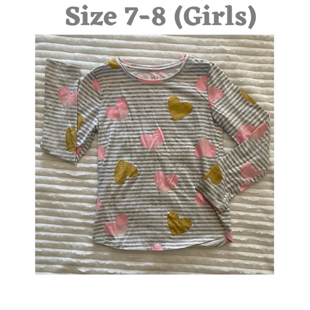 SO Girls Gray Pink Gold Striped Heart Pullover T-Shirt Long Sleeve Crew Neck 7-8
